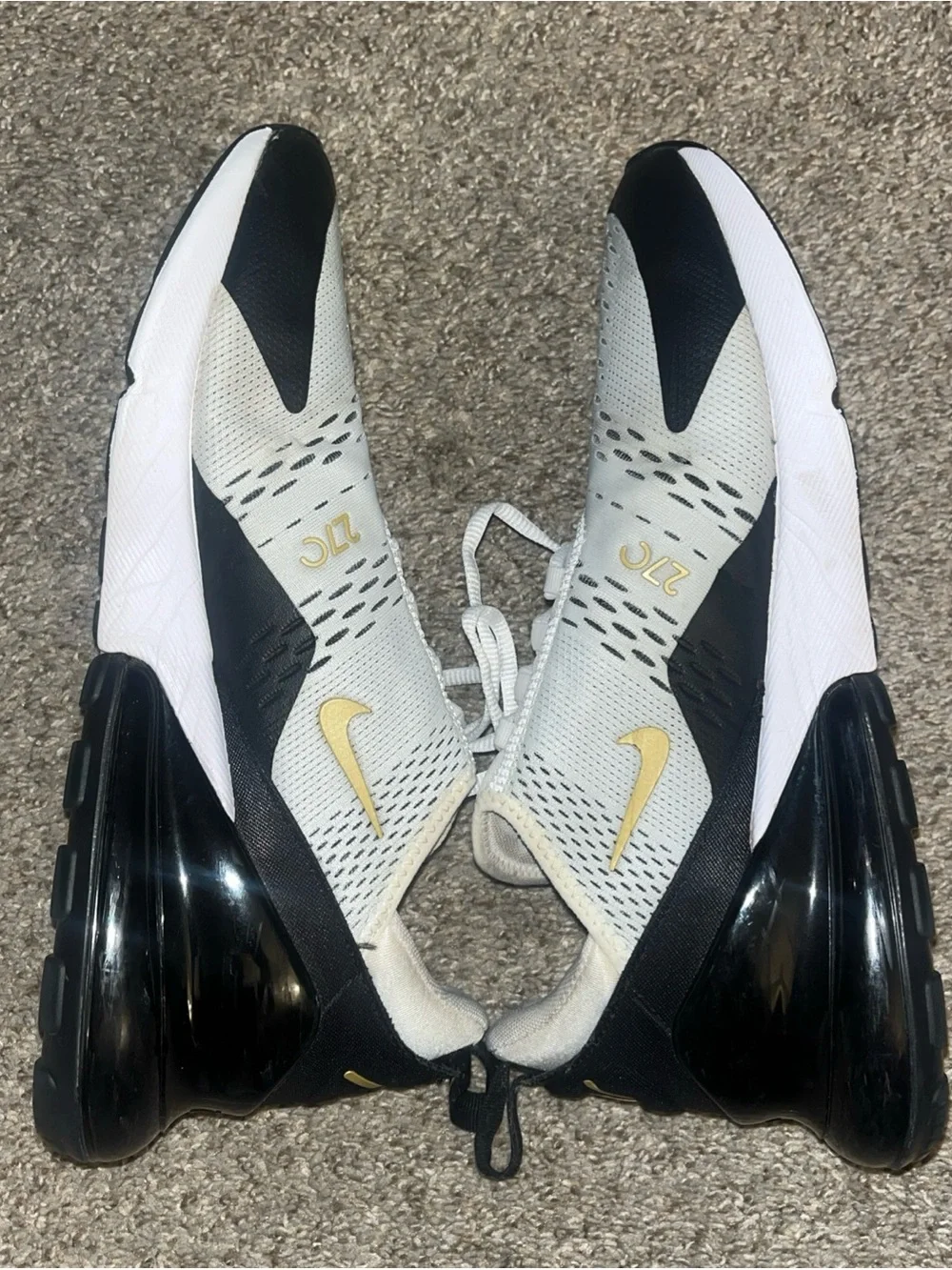 Nike Air Max 270 White Metallic Gold Black Mens 10.5 Shoes AV7892-100 Very Clean